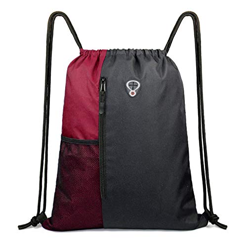 BeeGreen Maroon Drawstring Backpack Sports Gym Bag for Women Men Large String Backpack With Zipper and Water Bottle Mesh Pockets Cinch Sack Workout Bag, 16' x 20'
