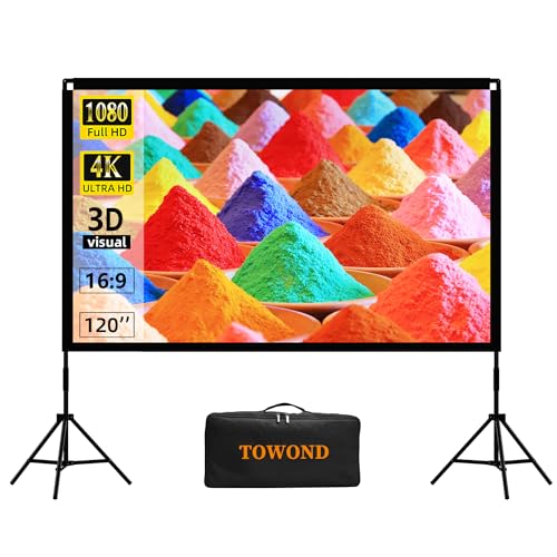 Projector Screen and Stand, Towond 120 inch Portable Movie Screen Indoor Outdoor 16:9 4K HD Front Rear Projection Screen with Carry Bag Wrinkle-Free and Foldable Design for Home Theater