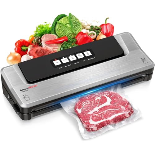 Bonsenkitchen Dry Vacuum Sealer Machine with 5-in-1 Easy Options for Sous Vide and Food Storage, Air Sealer Machine with 5 Vacuum Seal Bags & 1 Air Suction Hose, Silver