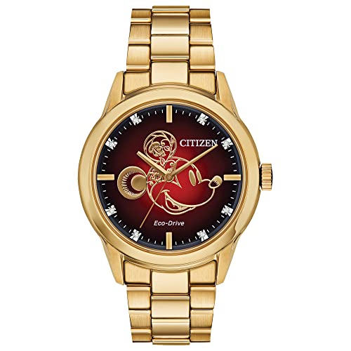 Citizen Eco-Drive Disney Quartz Unisex Watch, Stainless Steel, Mickey Mouse, Gold-Tone (Model: FE7082-53W)