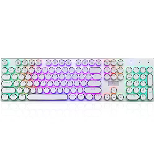 HUO JI E-Yooso Z-88 Mechanical Gaming Keyboard Wired Typewriter Style with Programmable RGB Backlit Clicky Blue Switches Retro Round Keycap Metal Panel for Mac/PC, White