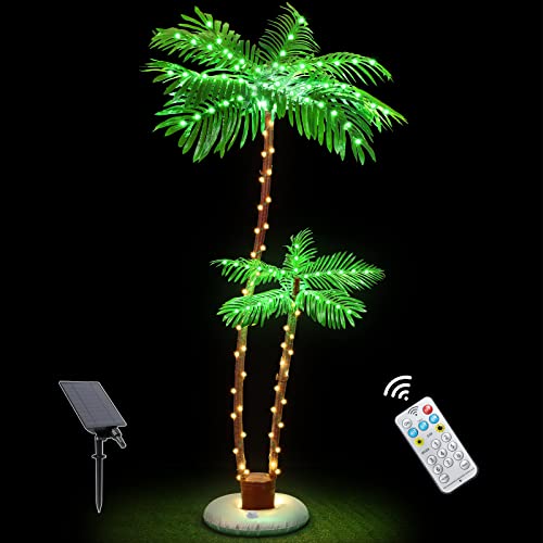 OUSHENG Solar Lighted Palm Trees for Outside Patio, Bar Pool Deck Outdoor Decorations Decor, Light Up LED Artificial Fake Tree Lights for Yard Tropical Party Christmas
