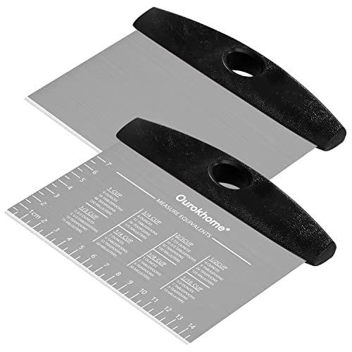 Ourokhome Dough Pastry Bench Cutter Scraper, Stainless Steel Pizza Cutter for Kitchen Baking, Dishwasher Safe, Anti-Wear Laser-Engraved Measuring Scale and Conversion Chart, 2 Pack, Black