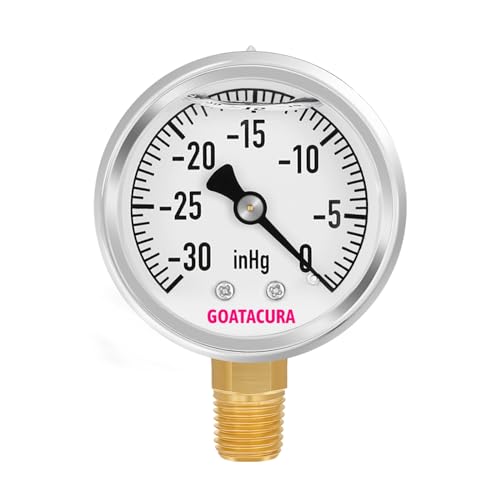 GOATACURA -30inHg-0 Glycerin Filled Vacuum Pressure Gauge, 2' Dial Size, 304 Stainless Steel Case, 1/4' NPT Lower Mount, with High Accuracy