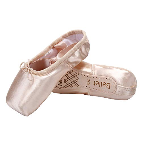 WENDYWU Girls Womens Dance Shoe Pink Ballet Pointe Slippers Ballet Flats Shoes with Ribbons Toe Pads Black Pink Red (Pink,4)