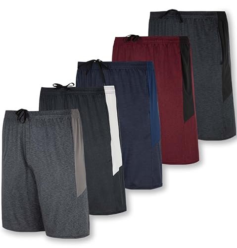 Real Essentials Mens Dry Fit Shorts Dri Active Wear Short Men Athletic Performance Basketball 9 Inch Inseam Sweat Tennis Soccer Running Essentials Gym Casual Workout Sports, Set 2, XL, Pack of 5