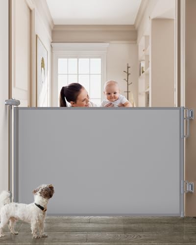Cumbor Retractable Baby Gates for Stairs, Family & Mom's Choice Awards Winner-Extends up to 55' Wide Mesh Dog Gate for The House, 34' Tall Child Gates for Doorways,Pet Door Indoor & Outdoor, Gray