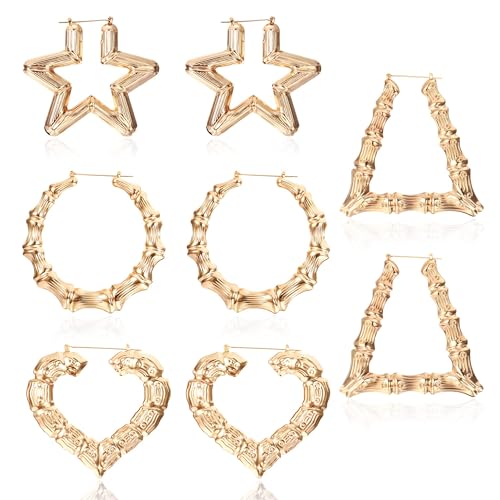 JeryWe 4 Pairs Custom Bamboo Hoop Earrings for Women 14K Gold Plated, Heart -Shaped Oversized Door Knocker Design, Personalized Hip Hop Style Jewelry, Vintage 90s Y2K Aesthetic