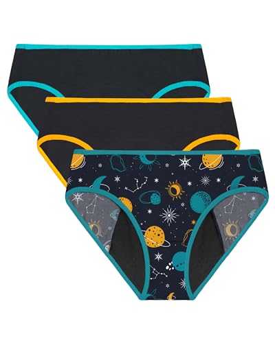 Neione Girls Period Underwear for Teens Menstrual Panties First Period Starter Hipsters 3 Pack Galaxy 10-12 Years