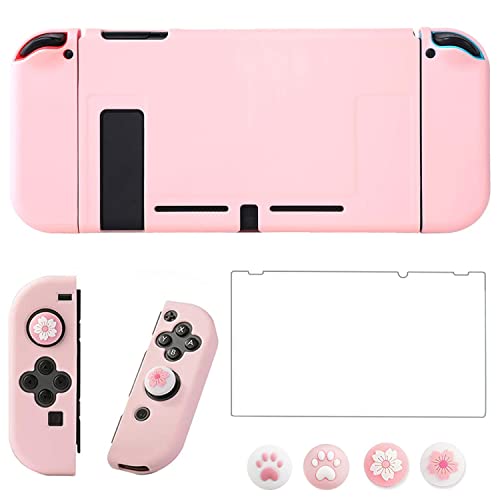 OLDZHU Pink Dockable Protective Case Cover Compatible with Nintendo Switch Joy-Con Controllers,with Glass Screen Protector and 4 Thumb Grips,Shock-Absorption and Anti-Scratch (Pink)