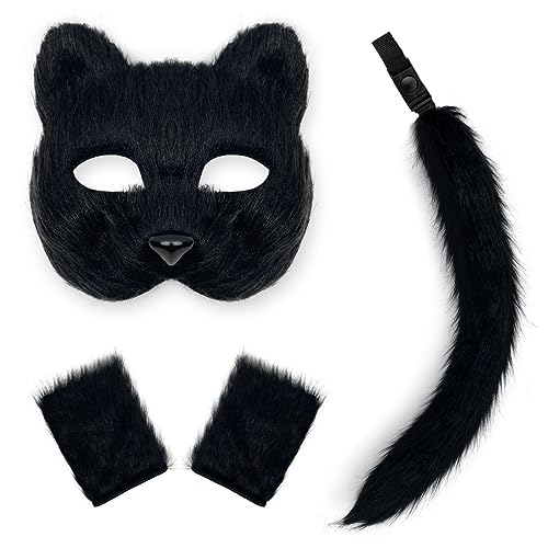 IncreDecor Cat Fox Mask Gloves and Tails Set Furry Cat Therian Face Mask Halloween Animal Fox Tail Cosplay Costume Accessory (Black)