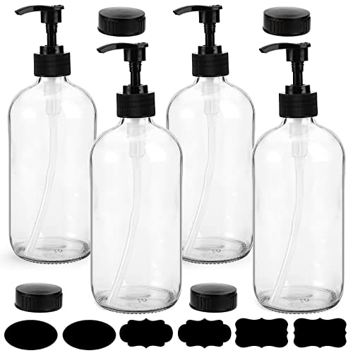 Yarlung 4 Pack 16 Oz Glass Pump Bottles, Clear Refillable Containers Glass Soap Dispenser for Essential Oils, Lotions, Cleaning Products, 4 Black Caps 6 Labels