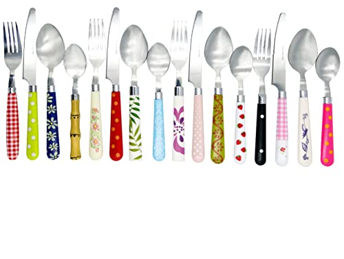 The Original Brink House Eclectic Mosaic Mix & Match Stainless Steel Cutlery Set with Multicolored Handles / 16 pieces with Metal Stand/Lifestyle utensils for home, apartment, dorm, outdoor events