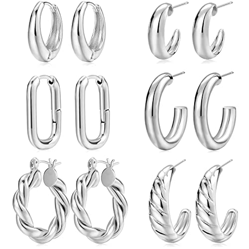 Silver Hoop Earrings Set for Women, 14K Gold Plated Lightweight Hypoallergenic Chunky Open Hoops Set for Gift