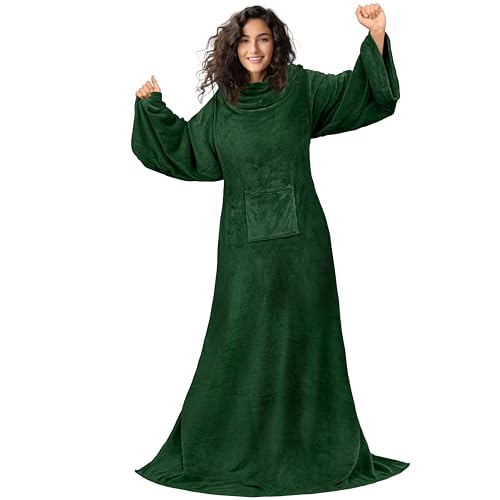 PAVILIA Wearable Blanket with Sleeves for Adults Women Men, Emerald Green Fleece Soft Warm Full Body Wrap Throw, Front Pocket, Cozy Robe Blanket with Arm, Gifts for Christmas, Mom Wife