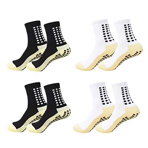 Spreezing Men's Socks Soccer Anti Slip Athletic Socks for Men Non Skid Football Basketball Socks with Gel Pads (2Black+2White)