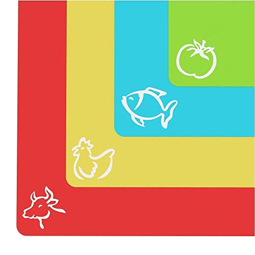 Extra Thick Flexible Cutting Mat Set With Food Icons & 'EZ-Grip' Back (Set Of 4 Mats) - Flexible Cutting Boards for Kitchen - Flexible Plastic Cutting Board Set - Large Plastic Cutting Boards Kitchen