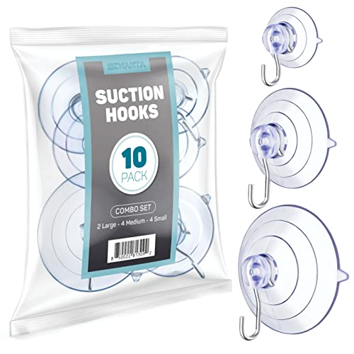 SEWANTA All-Purpose Suction Cup Hooks [10PK Combo Set] Powerful Window Suction Cups with Hooks Use to Hang On Glass, Windows, Doors, Mirrors, Tiles. Set Includes: 2 Large, 4 Medium, 4 Small