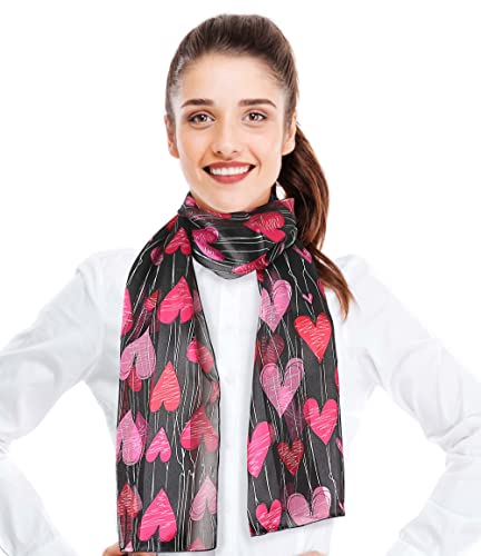 CBC Crown Women's Lightweight Silk Feeling Heart Print Valentines Day Festive Scarf 13'x60' (Falling Hearts - BK)