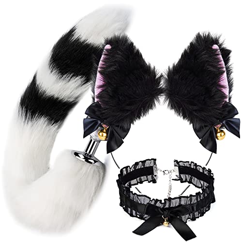 JIKUEA Costume Accessory Set for Women, Anime Cosplay Party Costume, Handmade Furry Cat Ears Tail Set (Black and White)