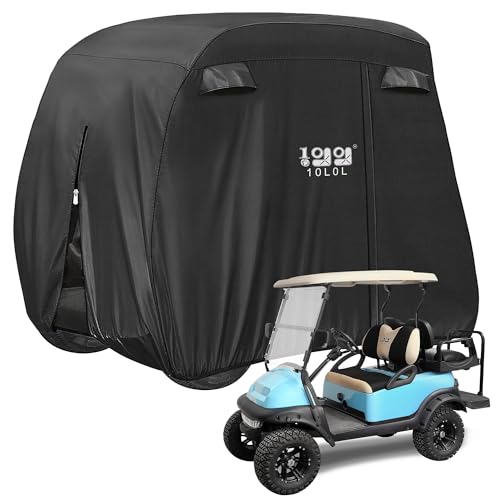 10L0L 4 Passenger Golf Cart Cover Fits EZGO, Club Car, Yamaha, 400D Waterproof Windproof Sunproof Outdoor All-Weather Polyester Full Cover with Three Zipper Doors - Black