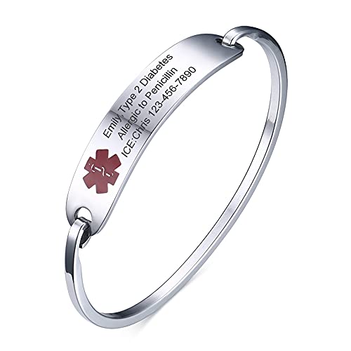 VNOX Medical Alert ID Bracelet - Custom Engraving Stainless Steel Medical Alert ID Bracelet for Women Girl,7'