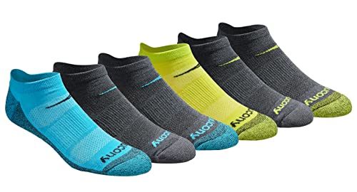 Saucony Men's Multi-Pack Mesh Ventilating Comfort Fit Performance No-Show Socks, Yellow Blue Charcoal Assorted (6 Pairs), Large