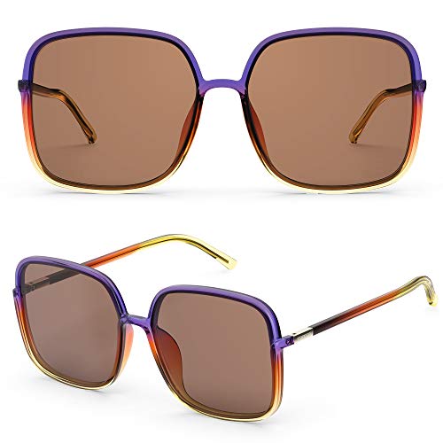 TOREGE Sunglasses for Women Oversized Square Sunglasses Trendy Polarized Women’s Sunglasses TR-C8 (Purple+Amber+Yellow Frame & Brown Lens)