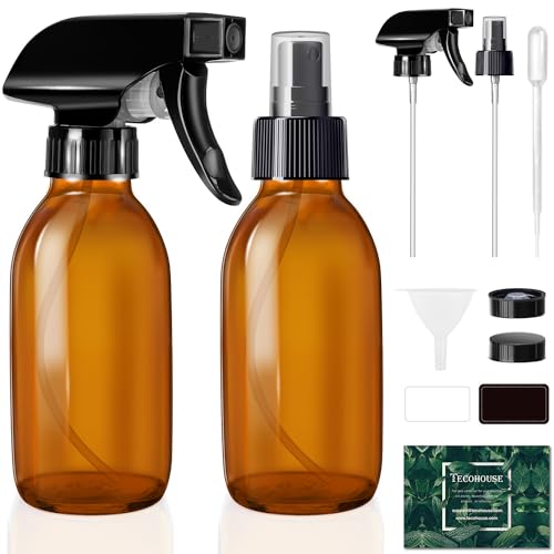 Tecohouse Glass Spray Bottles 4 OZ, Amber Empty Spray Bottle for Essential Oils, Small Glass Bottles for Cleaning Solutions, Plants, with Durable Nozzle, Labels, Funnel, Pipettes