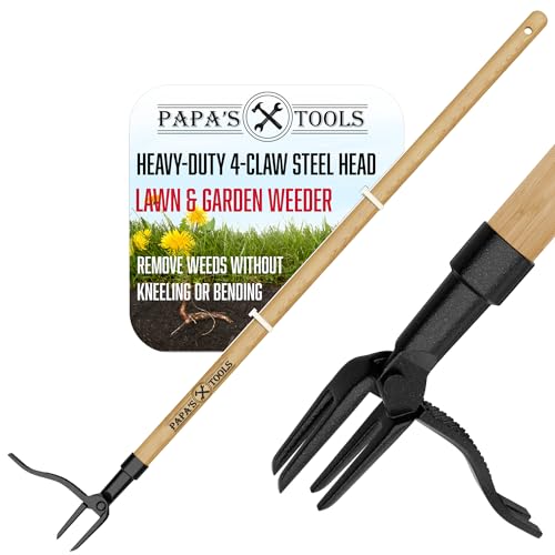 Papa's Weeder - Stand Up Weed Puller Tool Made with Long Wooden Handle - Real Bamboo & 4-Claw Steel Head - Easily Remove Weeds Effortlessly Without The Need to Tug, Bend, Or Flex,