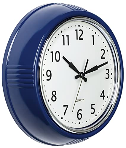 Bernhard Products Retro Wall Clock 9.5 Inch Navy Blue Kitchen 50's Vintage Design Round Silent Non Ticking Quality Quartz Battery Operated Easy to Read Decorative Clocks for Home Office Living Room