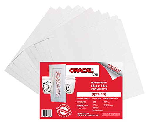 (10 Sheets) Oracal 651 Transparent Adhesive Craft Vinyl for Cricut, Silhouette, Cameo, Craft Cutters, Printers, and Decals - 12' x 12' - Gloss Finish - Outdoor and Permanent