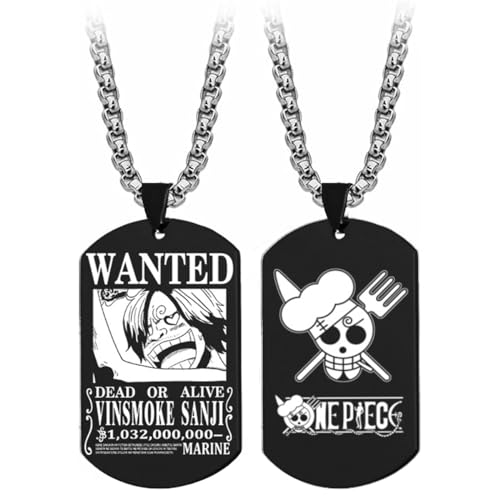 GSADWLI One Piece Wanted Poster Pendant Necklace Stainless Steel Chain Manga Necklaces Dog Tag Jewelry for Boys Girl Cosplay Fans Gifts (Sanji)