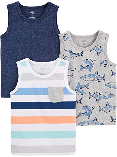 Simple Joys by Carter's Baby Boys' 3-Pack Muscle Tank Tops, Grey Shark/Navy Space Dye/White Stripe, 2T