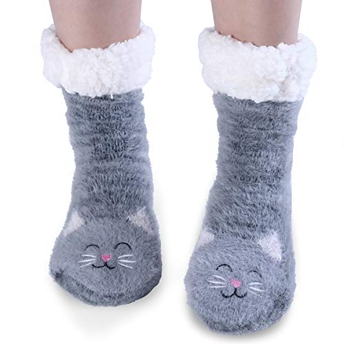 Jeasona Cat Gifts for Women Cat Fuzzy Slipper Socks With Grippers Warm Cozy