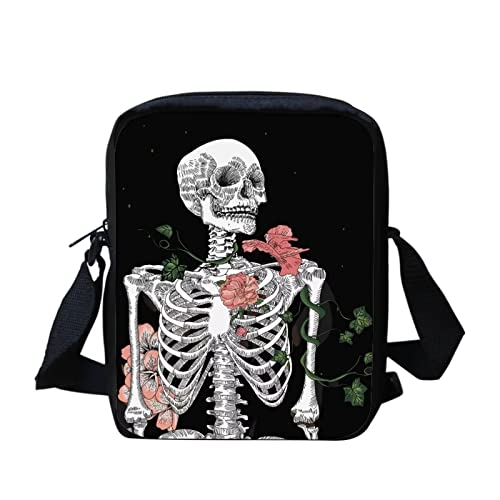 Snilety Skeleton Floral Design Large Tops Messenger Bag,Portable Shoulder Pouch for Women Girls,Sling Crossbody Totes Money Coins Purse Totes