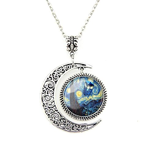 Moon Pendant Tardis Doctor Who Starry Night Necklace Van Gogh Jewelry Personalized Necklaces Gift