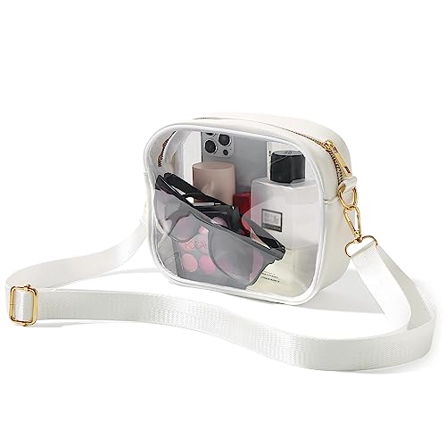 TOBVZOO Clear Purse Crossbody Bag for Women Stadium Approved, Small Leather Clear Bag with Adjustable Strap for Concert Sports Events (White)