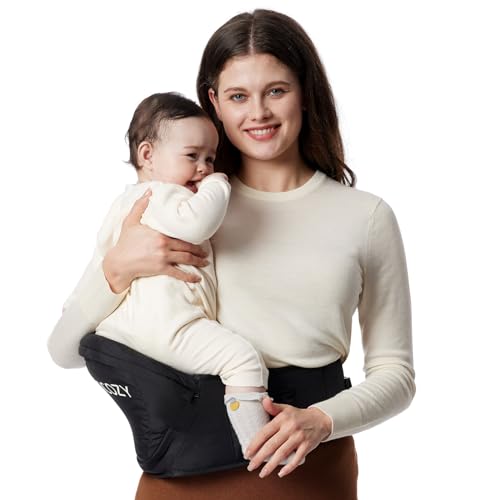 Momcozy Hip Seat Baby Carrier - Adjustable Waistband with Original 3D Belly Protector, Ergonomic Carrier with Various Pockets for Newborns & Toddlers up to 45lbs (Black, Medium)