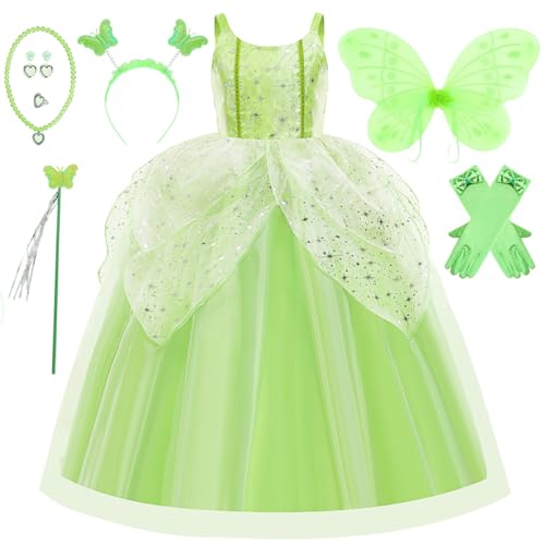 iTVTi Tinkerbell Costume for Little Girls Princess Fairy Fancy Green Wings Dress Birthday Party Halloween Cosplay Outfit, Green, 3-4 Years(Tag 110)