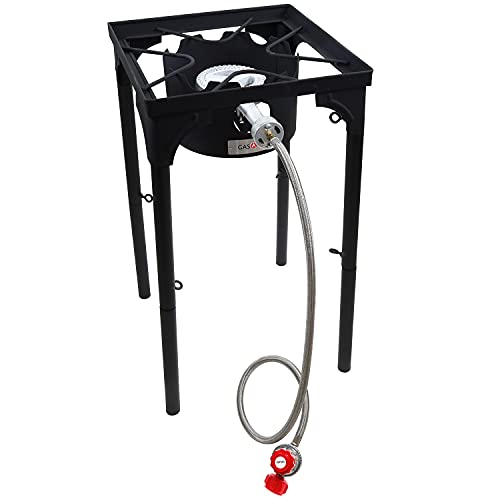 GasOne Propane Single Burner Camp Stove with High Temp Paint & Red QCC Steel Braided Regulator with Height Adjustable Leg