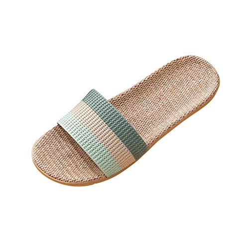 JEUROT Unisex Flax Slippers Couple Indoor Slippers Open-Toe Summer House Slippers Lightweight Breathable Linen Slippers Slides Shoes (Green, 8)