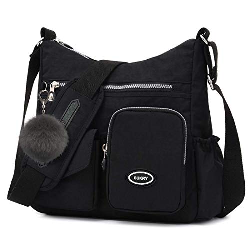 SUKRY Nylon Crossbody Bag for Women with Anti theft RFID Pocket, Waterproof Shoulder Bag Travel Purses and Handbag (Black-1)