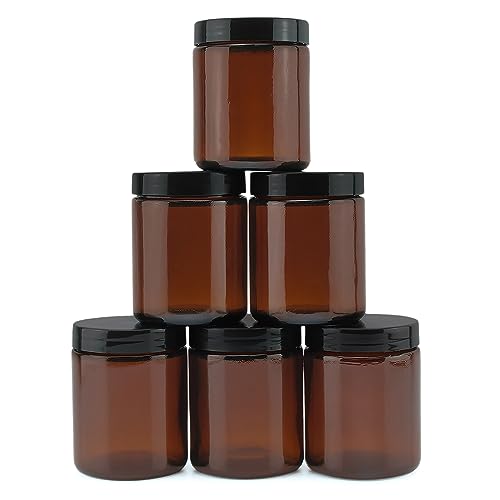 Cornucopia 8oz / 9oz Amber Glass Jars (6-Pack); Straight Sided Cosmetic Jars, Great for Body Butter, Creams, Stash Jars, Etc.