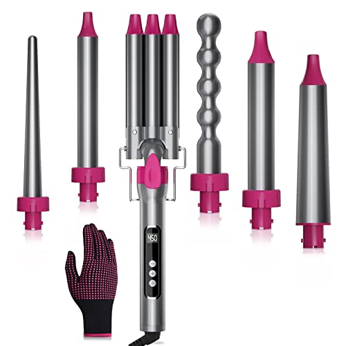 Youtelit 6 in 1 Curling Wand Set - Hair Curling Iron with 6 Interchangeable Ceramic Barrels (0.35'-1.26') Instant Heat Up Hair Crimper with Anti-Scald Head Protective Glove Dual Voltage Hair Curle