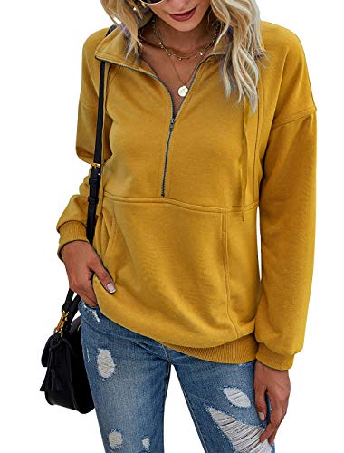 PRETTYGARDEN Women’s Casual Long Sleeve Lapel Zipper Sweatshirt Drawstring Loose Pullover Tops Yellow