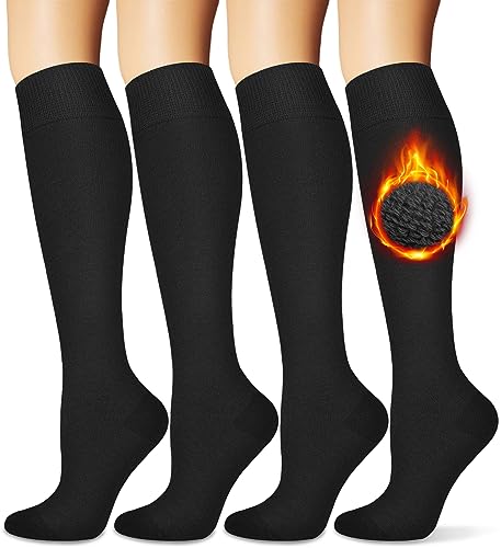 Warm Socks for Women (Knee High) Thermal Boot Socks for Winter, Athletic, Hiking, Gifts, Cushioned Thick Socks for Cold Weather 4 Pairs, Black