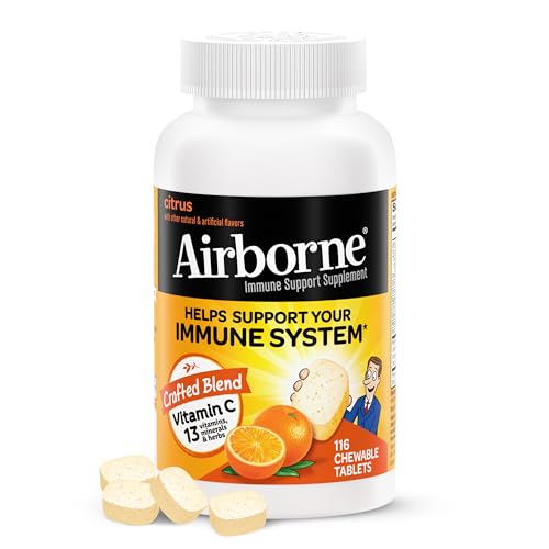Airborne 1000mg Vitamin C Chewable Tablets with Zinc, Immune Support Supplement with Powerful Antioxidants Vitamins A C & E - (116 count bottle), Citrus Flavor, Gluten-Free