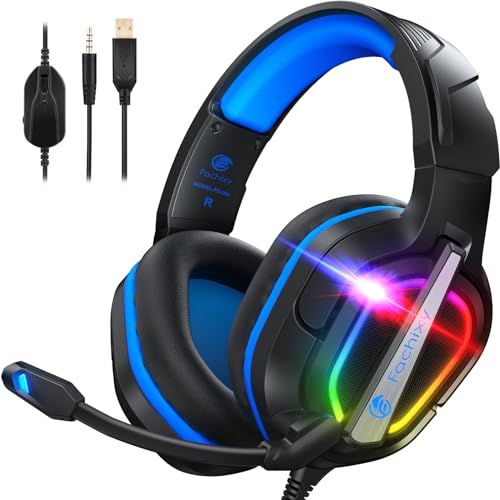 Fachixy「2024 New」FC200 Gaming Headset with Mic for PS4/PS5/PC/Mac/Xbox One, Noise Canceling Headset with Stereo Microphone Sound, Computer Headset with 3.5mm Jack & RGB Light