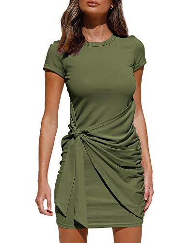 LILLUSORY Women's Plus Size Formal 2024 Dress Casual Short Sleeve Bodycon Ruched Tie Waist Mini Dresses Army Green